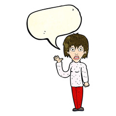 cartoon shocked woman waving hand with speech bubble