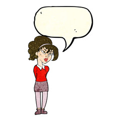 cartoon pretty girl tilting head with speech bubble