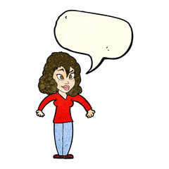 cartoon woman shrugging shoulders with speech bubble