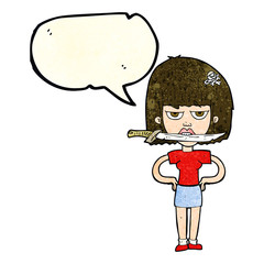 cartoon woman with knife between teeth with speech bubble