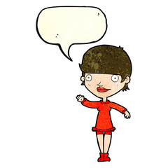 cartoon waving woman with speech bubble