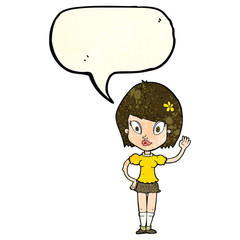 cartoon pretty girl waving with speech bubble