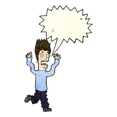 cartoon terrified man with speech bubble