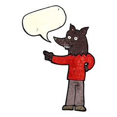 cartoon wolf man pointing with speech bubble
