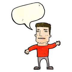 cartoon waving stressed man with speech bubble