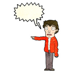 cartoon terrified man pointing with speech bubble