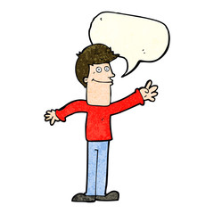 cartoon happy man waving with speech bubble