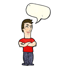 cartoon annoyed man with folded arms with speech bubble