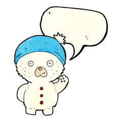 cartoon waving polar teddy bear in winter hat with speech bubble