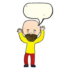 cartoon bearded man panicking with speech bubble