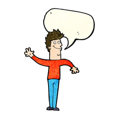 cartoon happy waving man with speech bubble