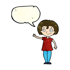 cartoon happy woman pointing with speech bubble