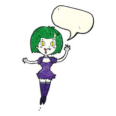 cartoon happy vampire girl with speech bubble