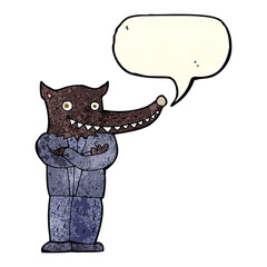 cartoon wolf man with speech bubble