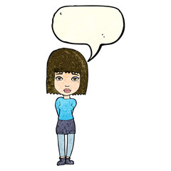 cartoon serious girl with speech bubble