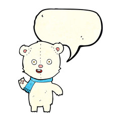 cartoon waving polar bear cub with scarf with speech bubble