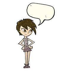 cartoon girl with hands on hips with speech bubble
