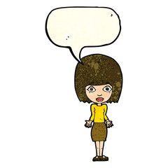 cartoon woman shrugging shoulders with speech bubble
