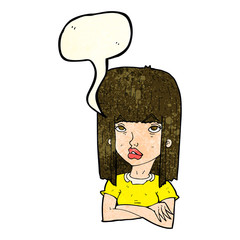 cartoon girl with folded arms with speech bubble