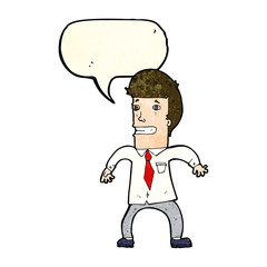 cartoon nervous businessman with speech bubble