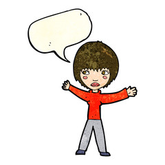 cartoon waving woman with speech bubble