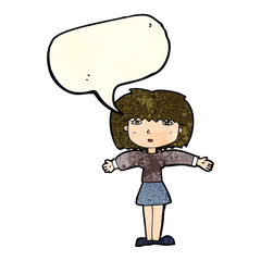 cartoon woman shrugging shoulders with speech bubble