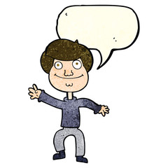 cartoon happy man waving with speech bubble