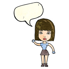 cartoon waving woman with speech bubble