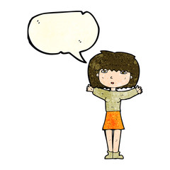 cartoon woman raising arms in air with speech bubble