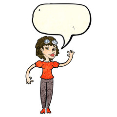 cartoon pilot woman waving with speech bubble