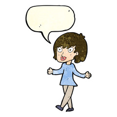 cartoon woman with open arms with speech bubble