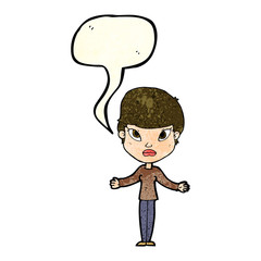 cartoon woman shrugging shoulders with speech bubble