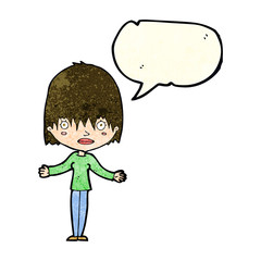 cartoon woman shrugging shoulders with speech bubble