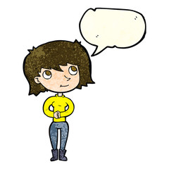 cartoon friendly woman with speech bubble