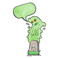 cartoon ghost rising from grave with speech bubble