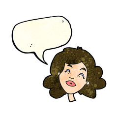 cartoon happy female face with speech bubble