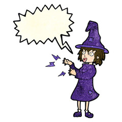 cartoon witch casting spell with speech bubble