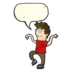 cartoon happy man doing funny dance with speech bubble