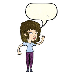 cartoon pretty woman waving with speech bubble