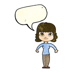 cartoon woman shrugging shoulders with speech bubble