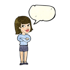 cartoon happy woman looking over with speech bubble