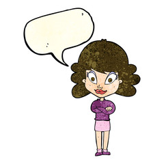 cartoon happy woman with folded arms with speech bubble