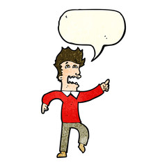 cartoon frightened man pointing with speech bubble