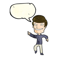 cartoon happy man pointing with speech bubble