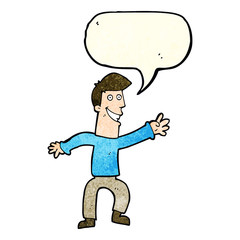 cartoon happy man dancing with speech bubble