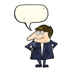 cartoon happy man in suit with speech bubble