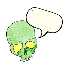 cartoon spooky old skull with speech bubble
