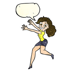 cartoon happy woman jumping with speech bubble