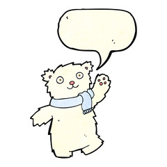 cartoon teddy bear wearing scarf with speech bubble