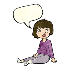 cartoon woman sitting on floor with speech bubble
